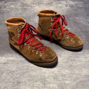 Vintage Dunham Mens Brown Hiking Boots Vibram Sole Red Laces Mountain